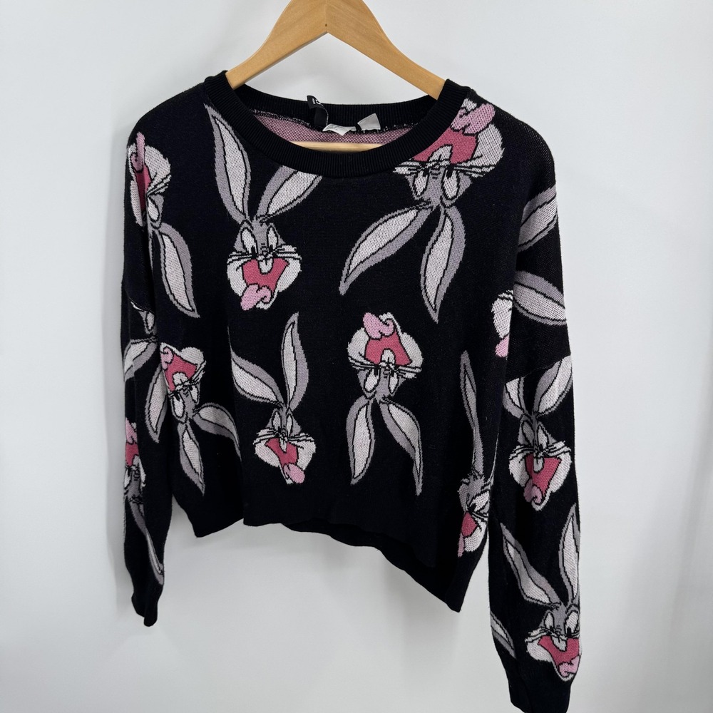 H&M‎ Bugs Bunny Looney Tunes Sweater Womens Black Pink Crop Size M Pop Culture
